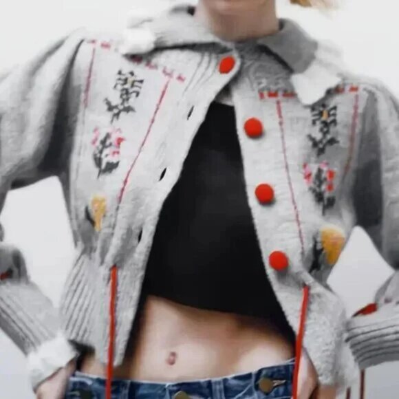 ♥️ Red Button Pull Tie String Collared Cardigan - Picture 3 of 3